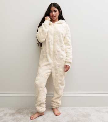 Girls White Fleece Bow Pattern Hooded Onesie Jumpsuit