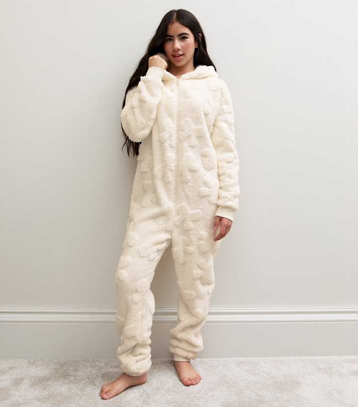 Girls White Fleece Bow Pattern Hooded Onesie Jumpsuit