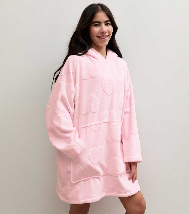 Girls Pink Heart Pattern Oversized Hoodie