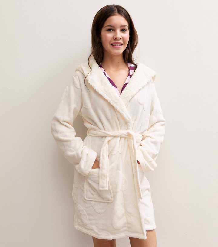 Girls White Heart Print Fleece Lined Robe