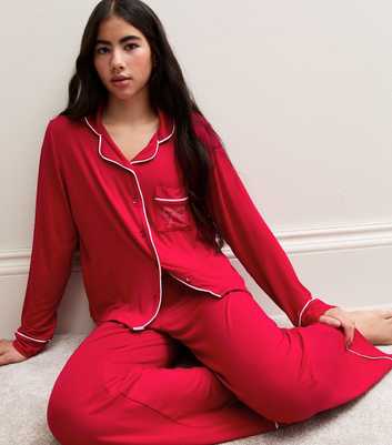 Girls Red White Piping Long Sleeve Pyjama Set
