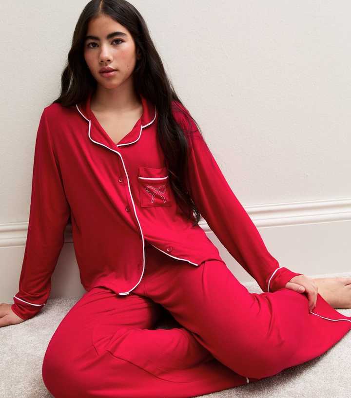 Girls Red White Piping Long Sleeve Pyjama Set
