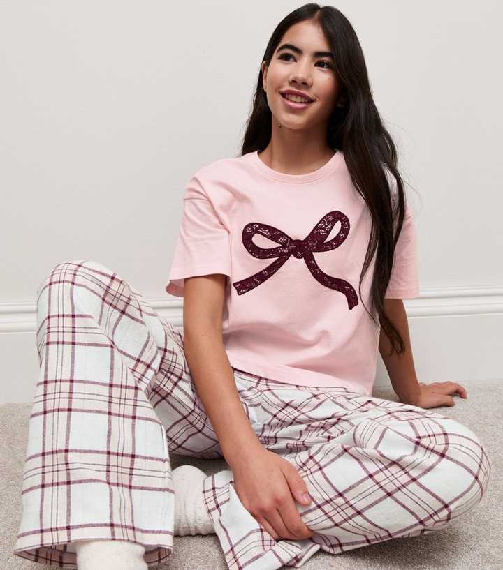 Girls Pink Cotton Rich Bow and Check Print Short Sleeve Top and Trousers Pyjama Set