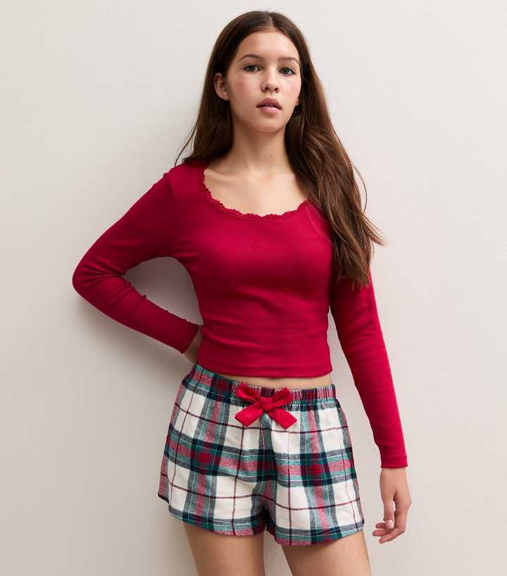Girls Bright Red Cotton Rich Long Sleeve Checked Shorts Pyjama Set