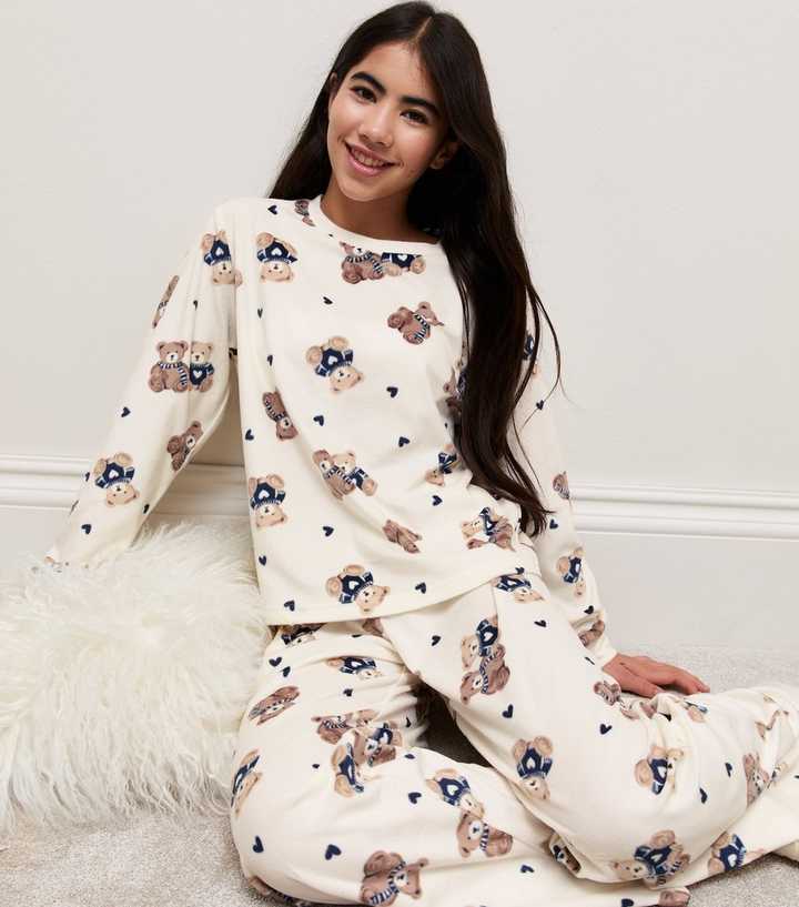 Girls Cream Teddy Bear Print Long Sleeve Top and Trousers Pyjama Set