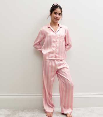 Girls Light Pink Satin Striped Shirt and Trousers Pyjama Set