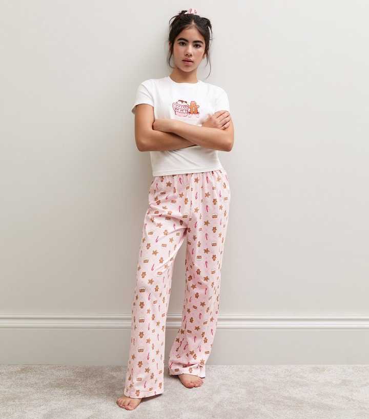 Girls Pink Gingerbread Man T-Shirt and Trousers Pyjama Set