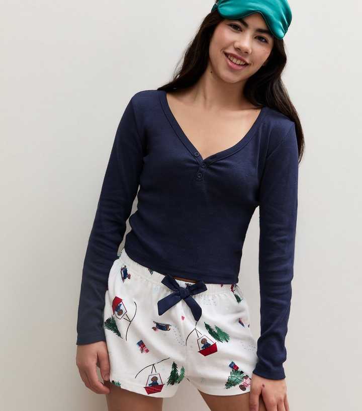 Girls Navy Henley Top and Ski Dog Shorts Pyjama Set