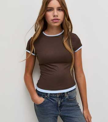 Girls Dark Brown Baby Tee Ringer T-Shirt