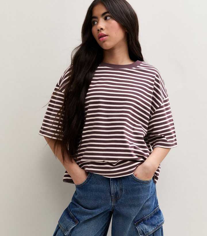 Girls Purple Cotton Striped Boxy T-Shirt