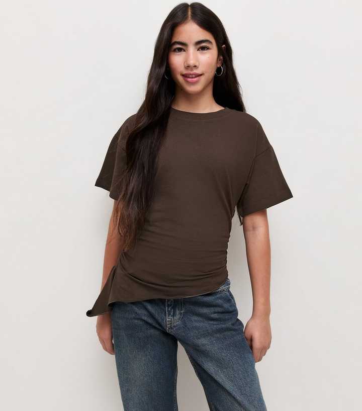 Girls Dark Brown Ruched Asymmetric Hem T-Shirt