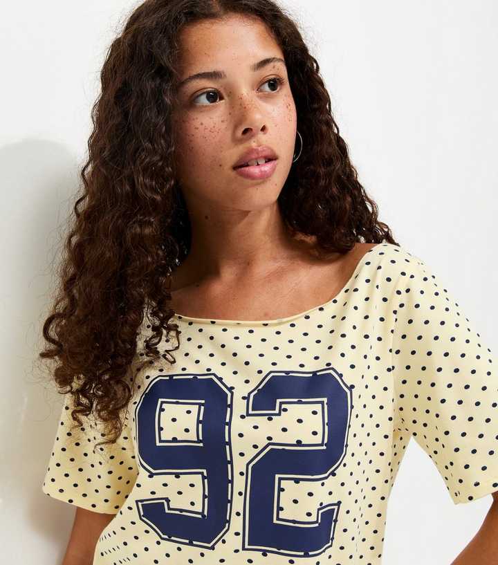 Girls Light Yellow Cotton Rich 92 Spot Print Slash Neck T-Shirt