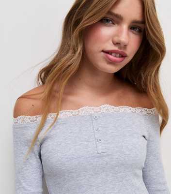Girls Grey Cotton Rich Lace Trim Bardot Top