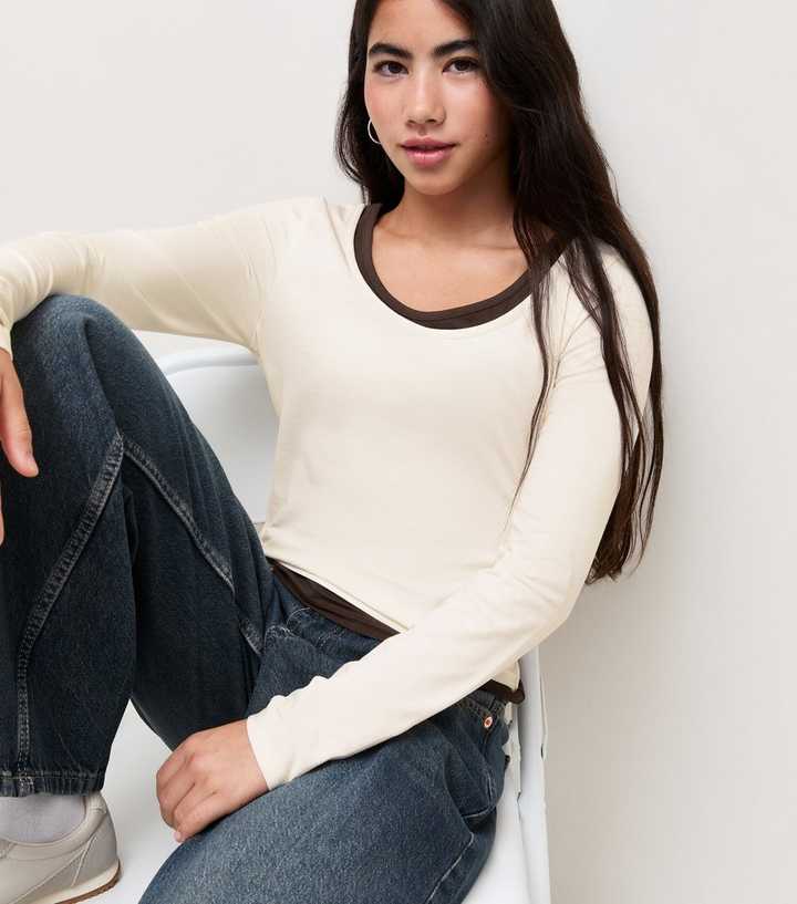 Girls Cream Layered Scoop Neck Long Sleeve Top