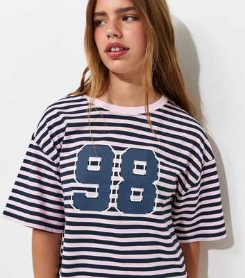 Girls Blue Cotton Rich 98 Stripe Print Boxy Fit T-Shirt