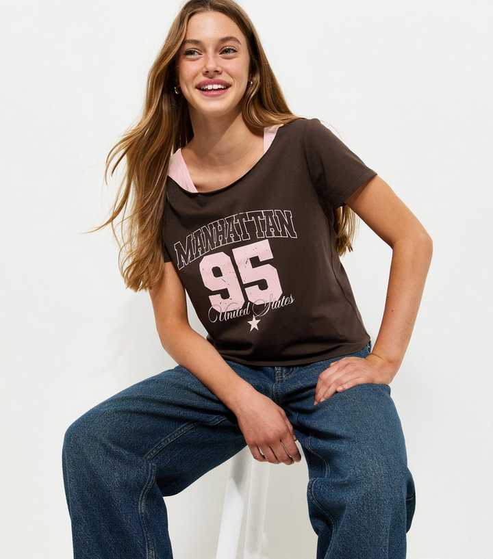 Girls Dark Brown Manhattan 2 In 1 Short Sleeve Top