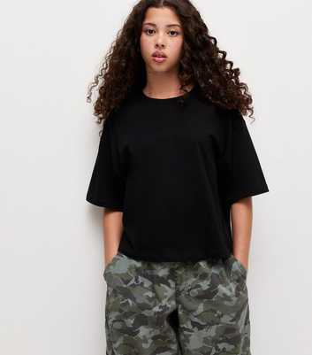 Girls Black Cotton Boxy Crew Neck T-Shirt