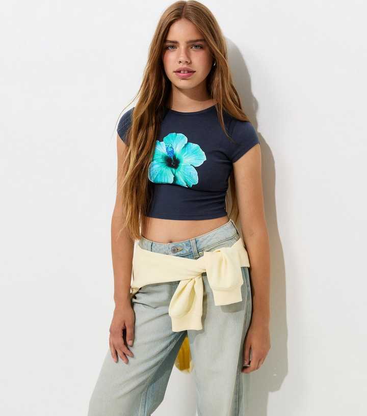 Girls Navy Cotton Hibiscus Print Ruched Side Cropped T-Shirt