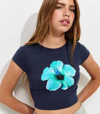 Girls Navy Cotton Hibiscus Print Ruched Side Cropped T-Shirt