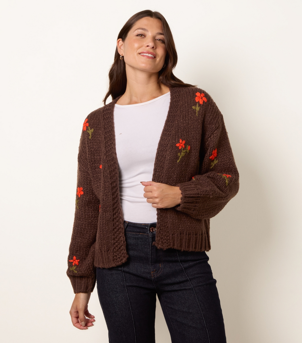 Blue Vanilla Women's Dark Brown Flower Embroidered Chunky Knit Cardigan New Look