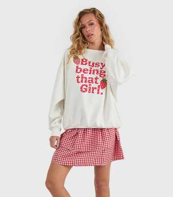 Skinnydip White Busy Being That Girl Strawberry Embroidered Sweatshirt