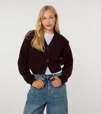 Pink Vanilla Dark Brown Cropped Button Front Cardigan