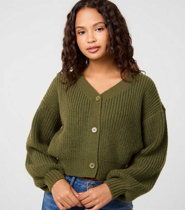 Pink Vanilla Dark Khaki Cropped Button Front Cardigan