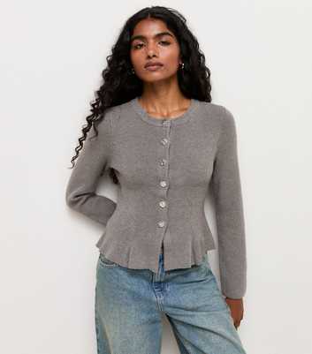 Petite Grey Rib Knit Peplum Cardigan