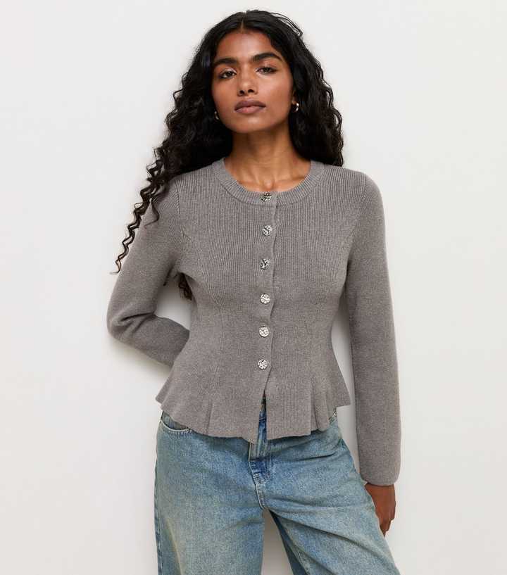 Petite Grey Rib Knit Peplum Cardigan