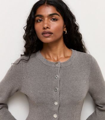 Petite Grey Rib Knit Peplum Cardigan | New Look