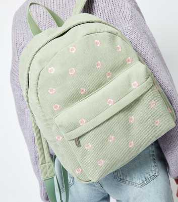 Skinnydip Light Green Daisy Embroidered Corduroy Backpack