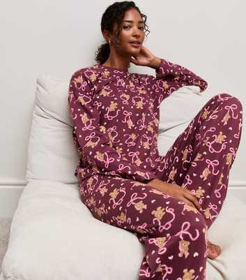 Red Cotton Bow Bear Print Long Sleeve Pyjama Set