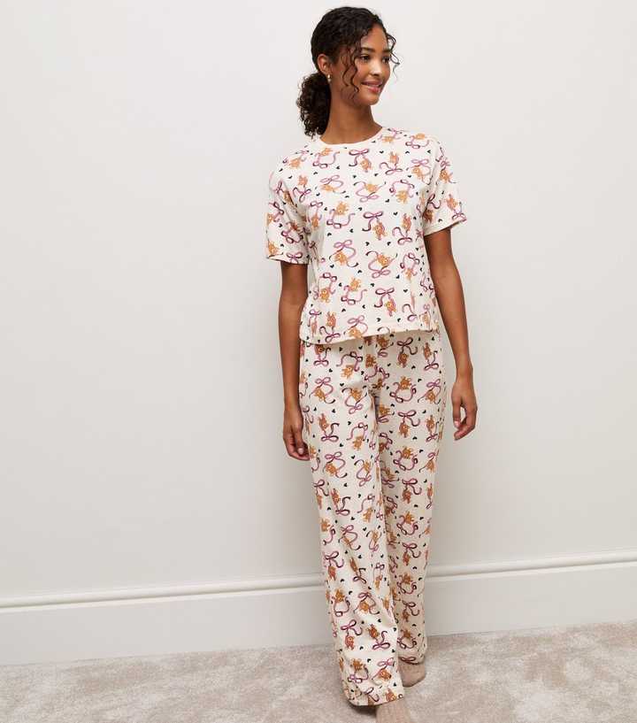Cream Bear Bow Patterned Pyjama Trouser Set