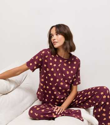Dark Burgundy Gingerbread Patterned Wide Leg Trousers Pyjama Set