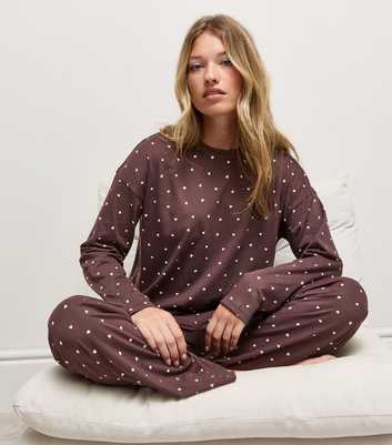 Brown Cotton Heart Long Sleeve Top and Trousers Pyjama Set