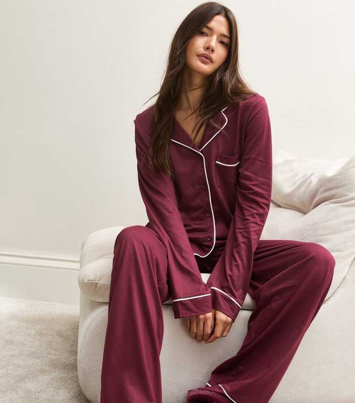 Dark Burgundy Jersey Revere Shirt and Trousers Pyjama Set