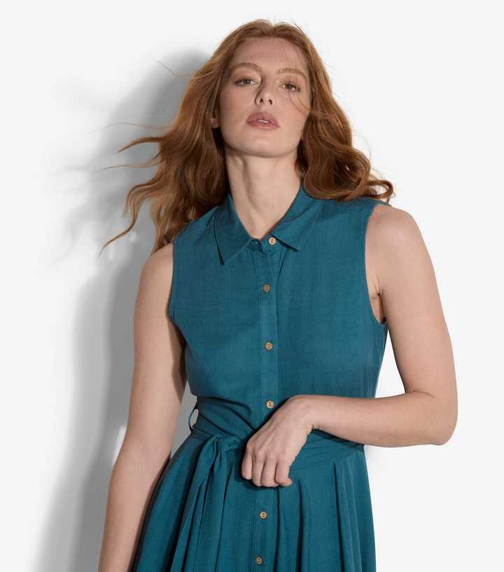 Apricot Teal With Linen Sleeveless Mini Shirt Dress | New Look