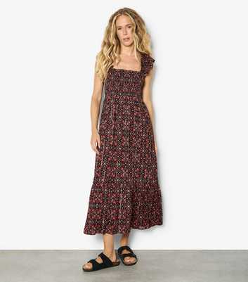 Apricot Black Floral Square Neck Tiered Midi Dress