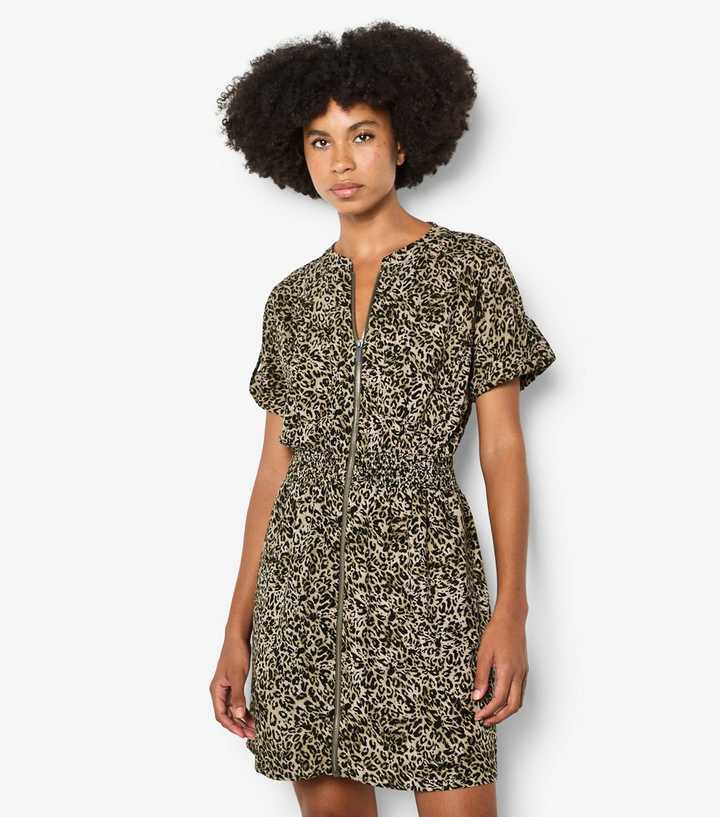 Apricot Dark Khaki Animal Print Zip Mini Dress