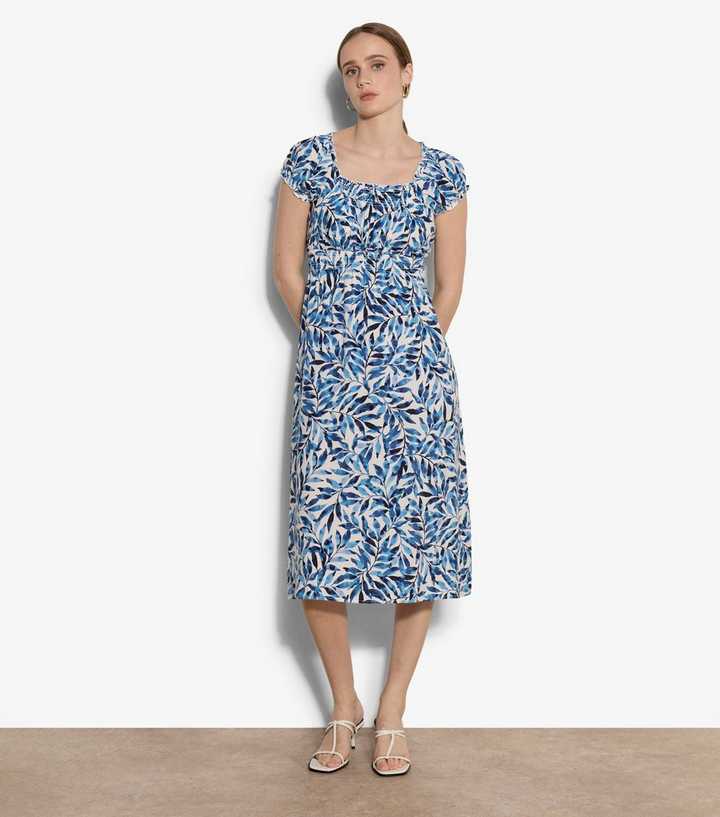 Apricot Blue Watercolour Leaf Short Sleeve Midi Dress