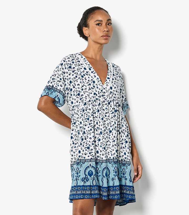 Apricot Blue Floral Border Print Mini Dress