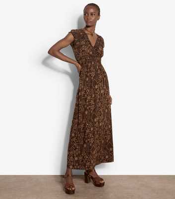 Apricot Brown Floral Cap Sleeve Maxi Dress