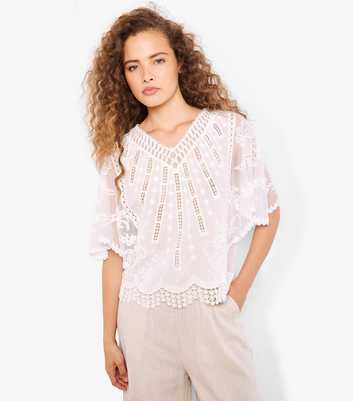 Apricot White Cotton Embroidered V-Neck Blouse