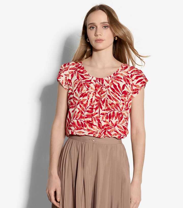 Apricot Red Leaf Print Short Sleeve Top
