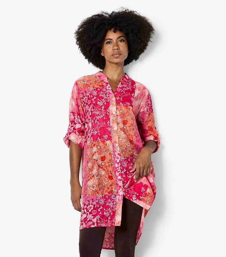Apricot Pink Floral Patchwork Longline Shirt