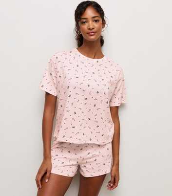 Pink Cotton Christmas Pattern Print Pyjama Shorts Set