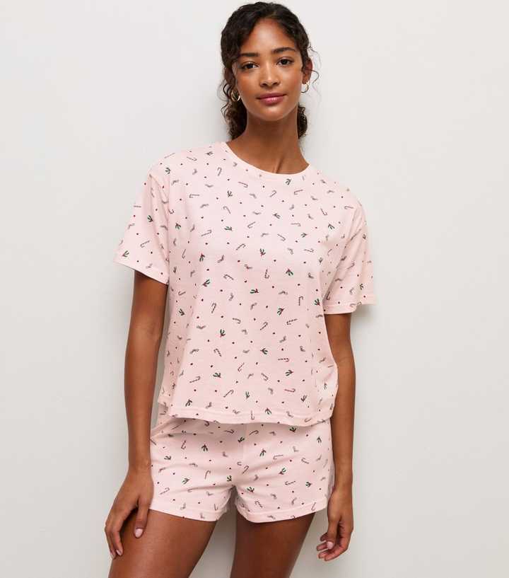 Pink Cotton Christmas Pattern Print Pyjama Shorts Set