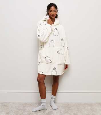 Cream Penguin Pattern Plush Onesie Hoodie