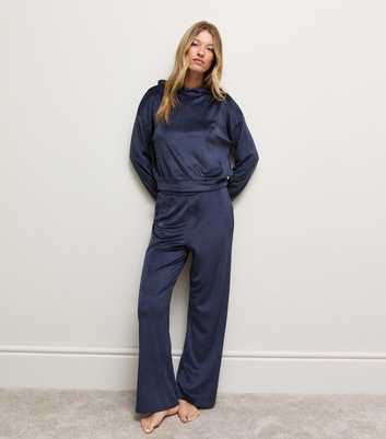 Navy Velour Wide Leg Trousers