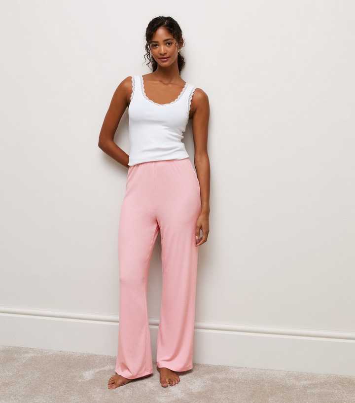 Light Pink Ribbed Jersey Wide Leg Trousers